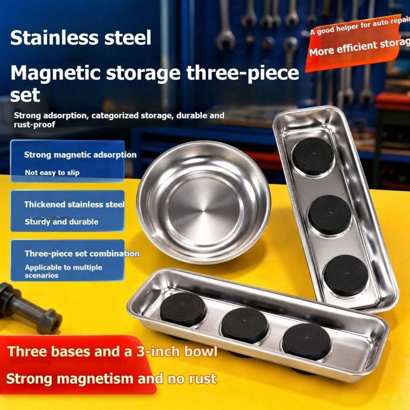 Magnetic Parts Tray - ที่ยึดสกรูแม่เหล็กแรงสูง ชุด 3 ชิ้น ถาดแม่เหล็กสแตนเลสสำหรับซ่อมรถยนต์, เวิร์คช็อป